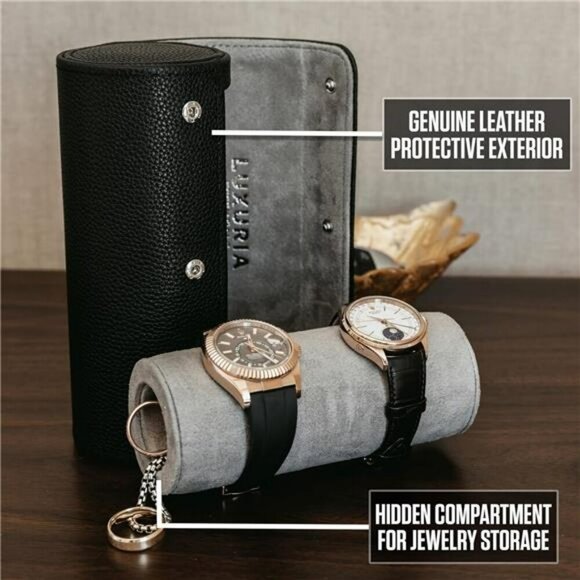 Leather Watch Travel Case for 2 Watches with Hidden Jewelry Storage Pouch - Picture 4 of 7